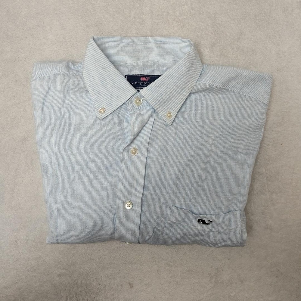 Vineyard Vines Shirt Mens M Blue Striped Linen Button Up Classic Fit Tucker
